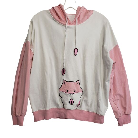 Adorable Women's Hooded Pink and White Pullover Sweater, Est. Size Medium - Picture 2 of 11